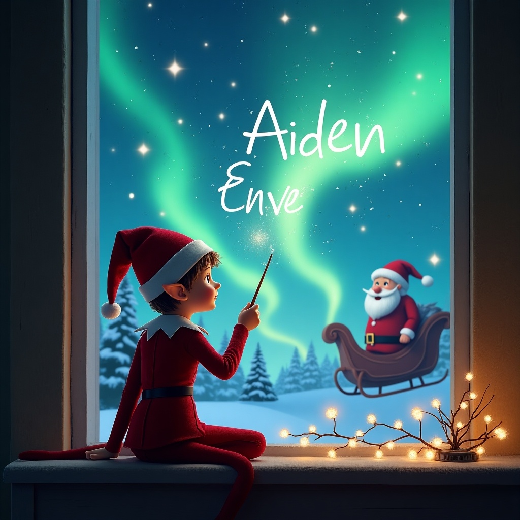 Elf sitting by a window writing names in the sky with a wand. Magical Christmas scene with northern lights and Santa in the background.