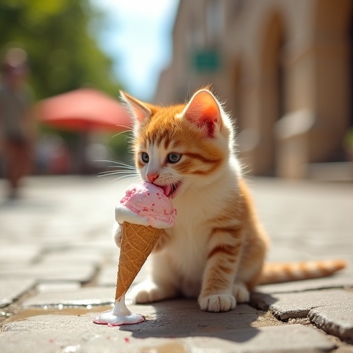 A cat is enjoying ice cream on a paved sidewalk. The ice cream is dripping and melting. It is sunny outside.