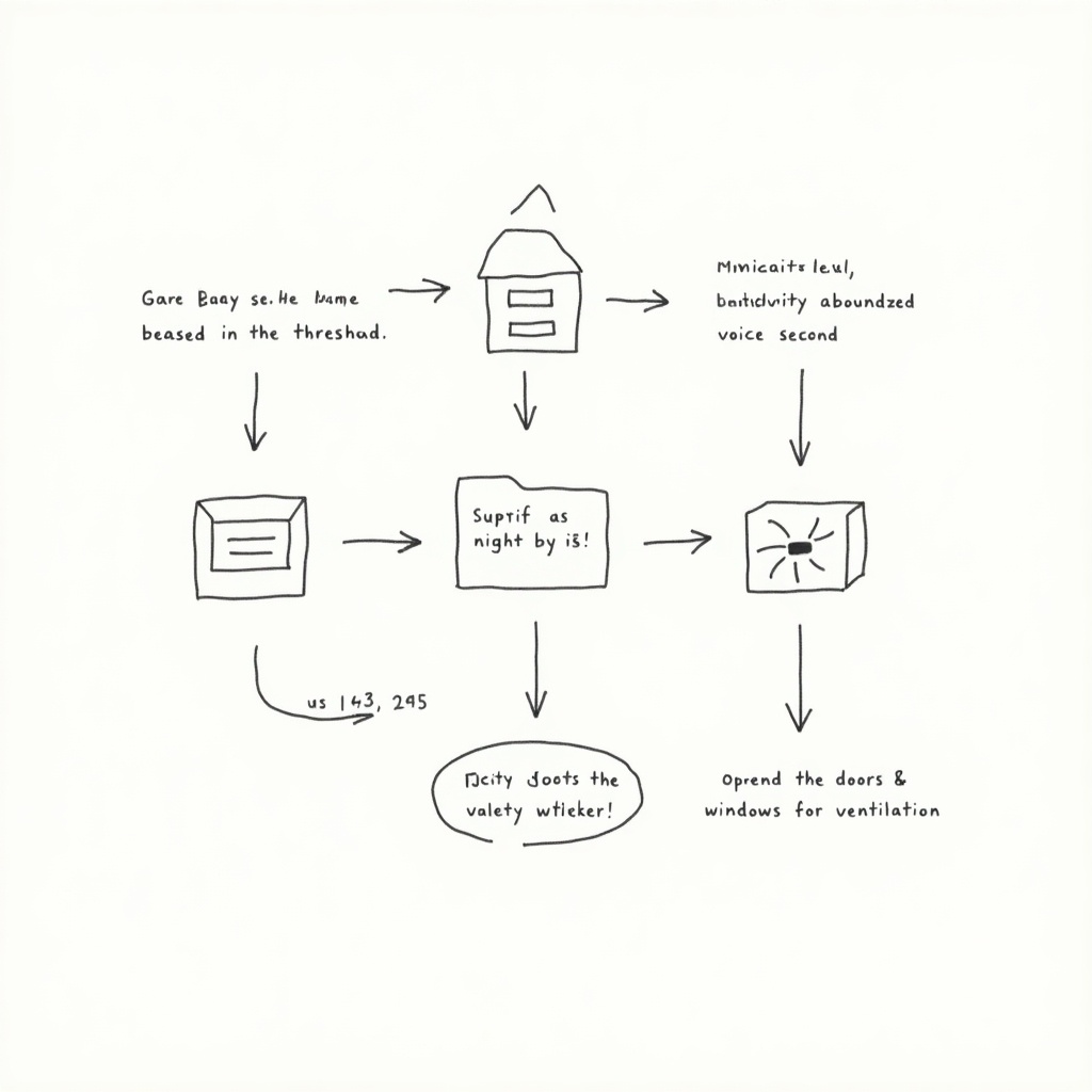 Flowchart showing Raspberry Pi setup for gas and humidity sensors. Displays actions triggered by gas levels exceeding thresholds. Includes beeping buzzer, voice alerts, and opening windows.