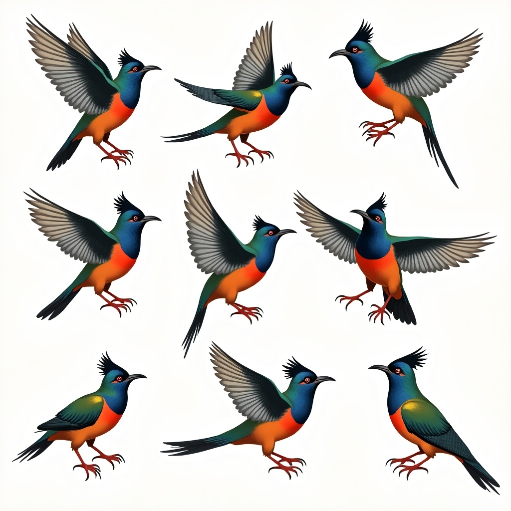 Illustration of colorful martins showing different poses. Nine birds arranged in a grid format. Bright colors of blue, green, and orange with elaborate feather details.