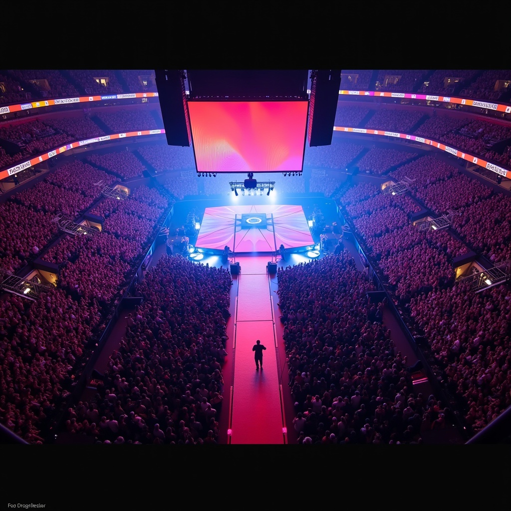 Roddy Rich concert at Madison Square Garden. T-stage runway visible in aerial view. Spectators fill the arena. Bright stage lights illuminate the scene. Major musical event with significant attendance.