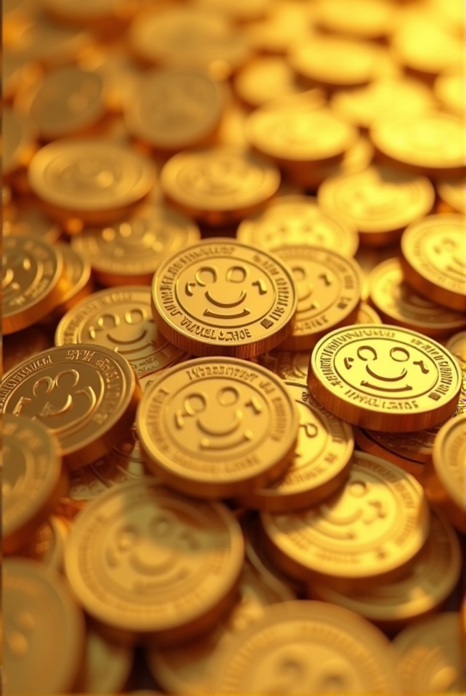 A pile of gold coins featuring a smiley face design on each one.