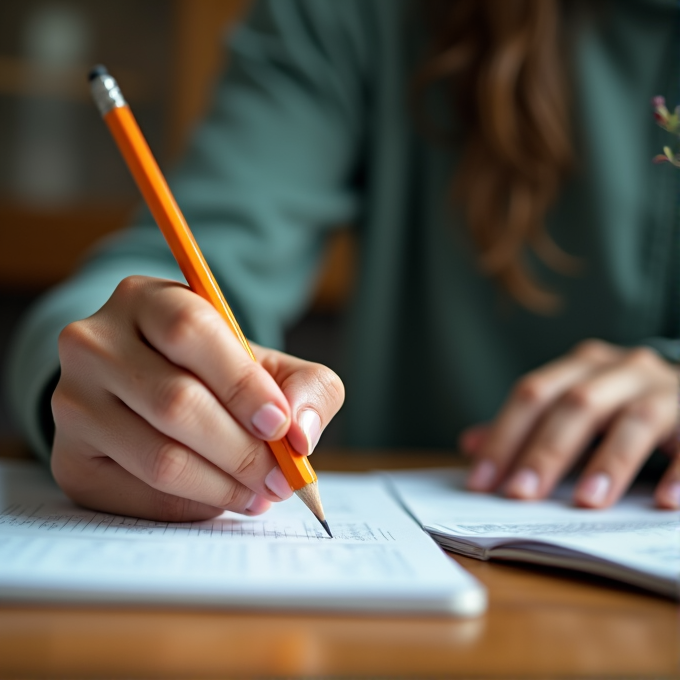 A person is writing on paper with a yellow pencil.