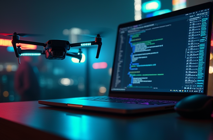 A laptop on a desk displays coding software while a drone hovers nearby in a dimly lit, urban environment.