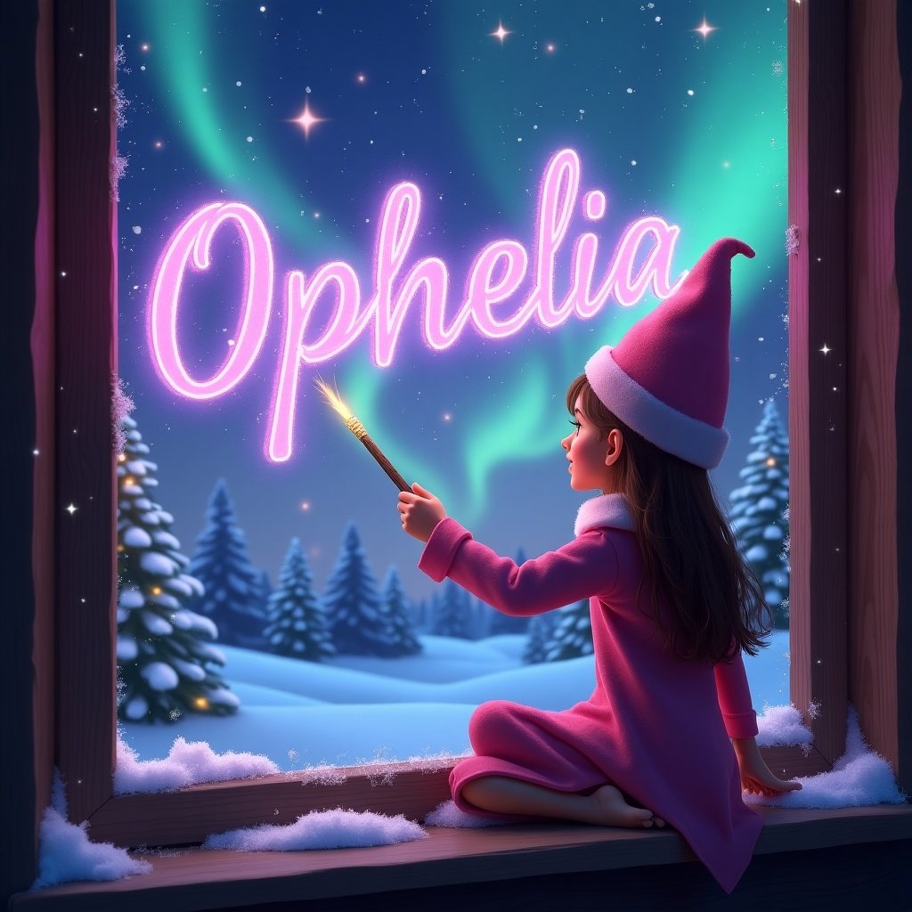 The image features a whimsical scene with an elf sitting on a window ledge. She has her back to the viewer, gazing upwards in awe. Using a magical wand, she writes the name 'Ophelia' in sparkling letters. The background reveals a picturesque Christmas landscape, complete with starry skies and colorful northern lights. Snow rests gently on the ledge, enhancing the winter wonderland atmosphere.