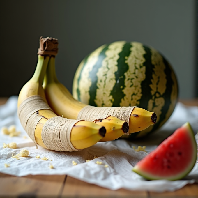 A bunch of bananas wrapped in bandages with a watermelon and a slice of watermelon nearby.