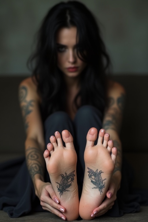 A mature goth woman with long black hair shows the soles of her tattooed bare feet. The focus is on the detailed tattoos and the aesthetic surrounding her. 