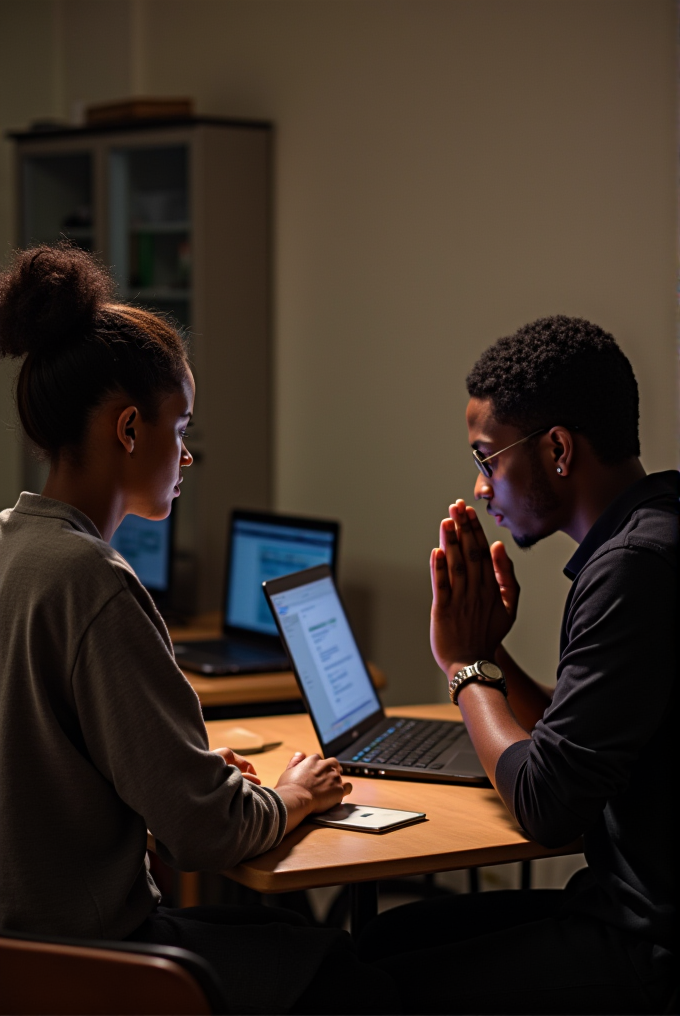 Two people intently working on laptops at a desk in a softly lit room.