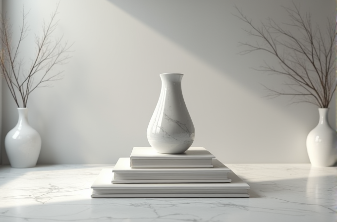 A pristine white marble vase sits elegantly atop a stack of matching books, with two minimalist white vases containing bare branches in the background, creating a serene and balanced composition.