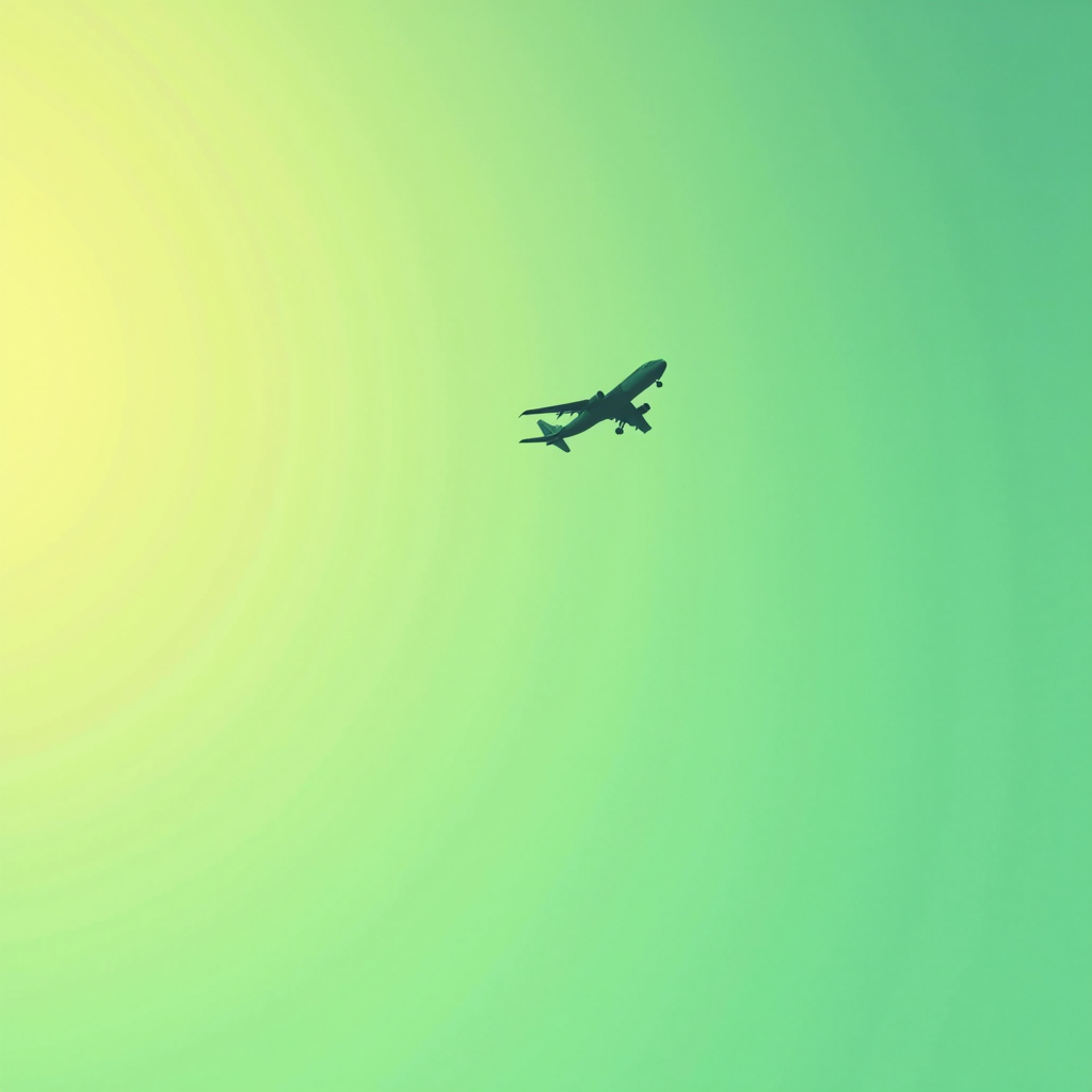 A silhouette of an airplane flying against a gradient sky transitioning from yellow to green.