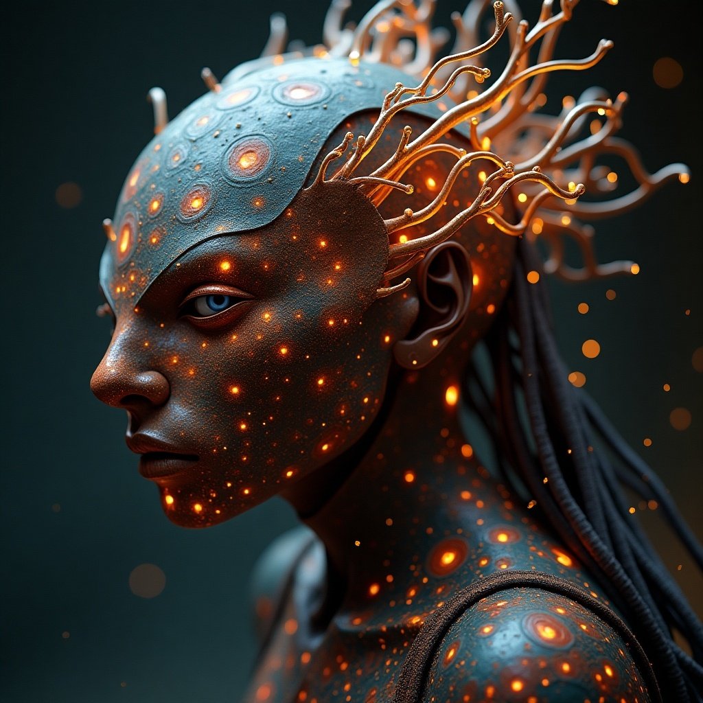 Futuristic digital illustration of a stylized figure with glowing elements. The figure has intricate hair-like structures with organic patterns. Darkness surrounds the subject enhancing the luminous features.