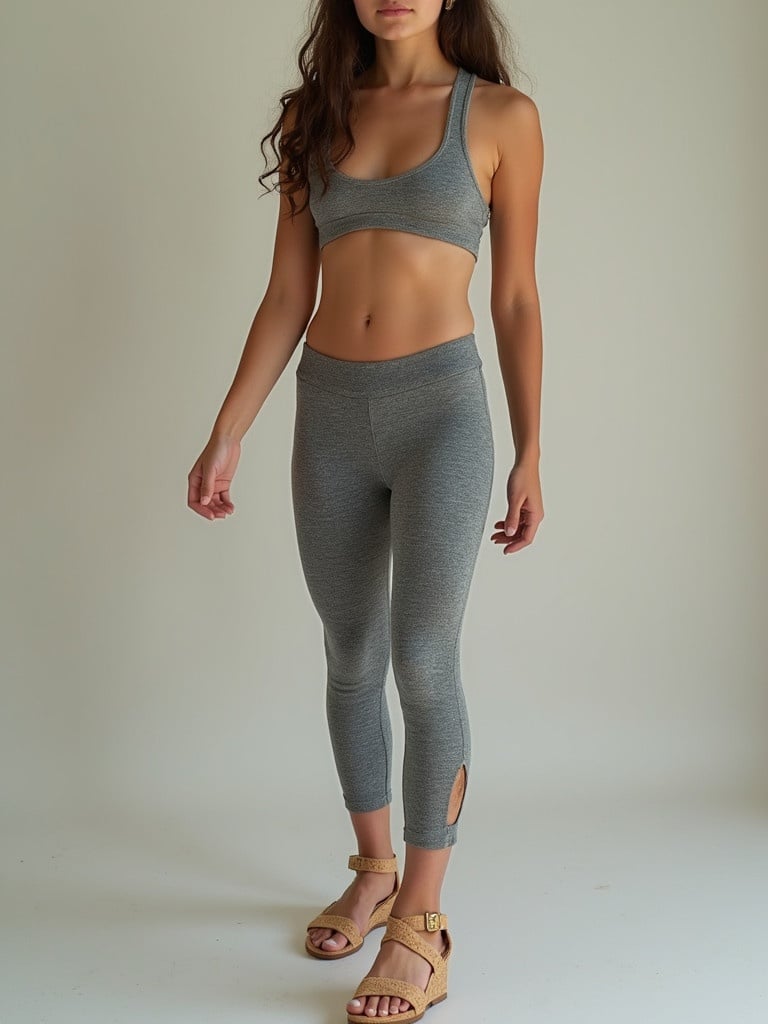 Teen girl wearing grey tight leggings and cork sandals. The model poses confidently. Natural lighting highlights her outfit. Background is plain.