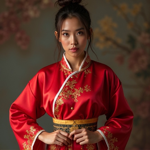 A mature woman wears a red traditional outfit. The outfit features intricate designs in gold and delicate detailing. The woman stands with her hands positioned gracefully. The background adds to the overall elegance of the look.