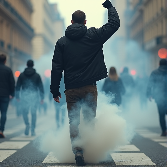 A person stands on a street with smoke around them and raises a fist in the air.