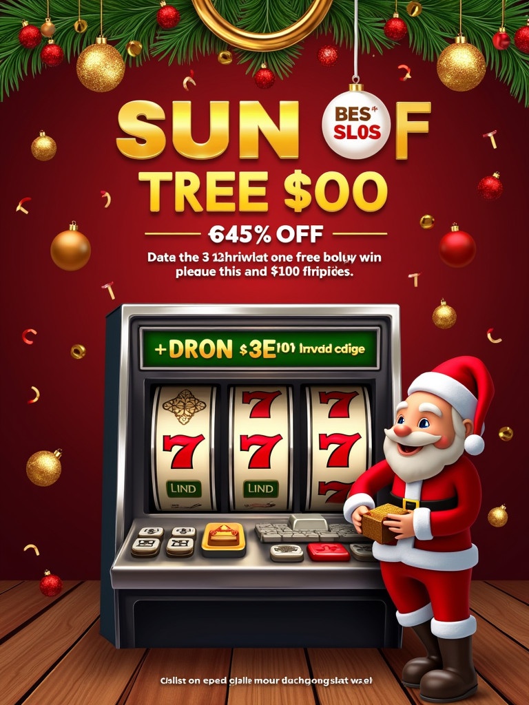 Create promotional banner featuring slot machine with a character next to it. Design should be festive with Christmas ornaments in the background. Use warm holiday colors like reds and golds. Include clear text highlighting a special offer.