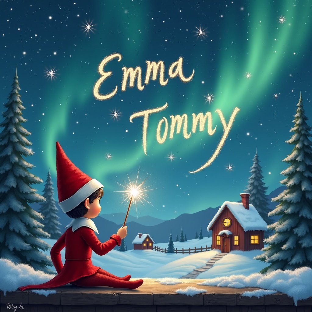 An elf sits on a wooden ledge with its back to the camera, gazing at a magical sky. The elf, dressed in a red outfit with a pointed hat, holds a sparkling wand. With the wand, the elf elegantly writes the names 'Emma' and 'Tommy' in the starry sky. The background features a snowy landscape with charming little houses and evergreen trees under the shimmering Northern Lights. This whimsical scene captures the essence of childhood magic and Christmas cheer.