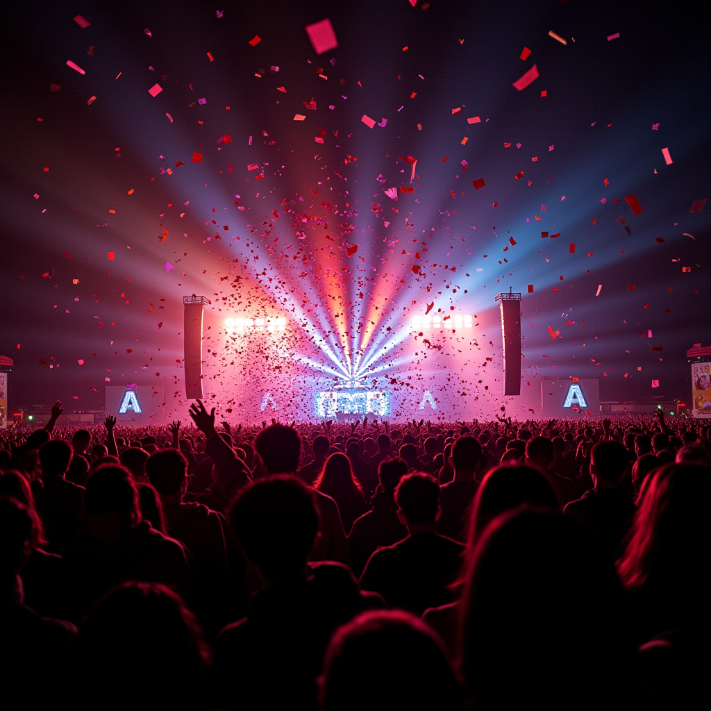 A vibrant concert scene filled with cheering crowds and dynamic light displays as confetti rains down.