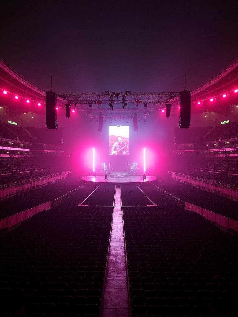 Large scale concert setting appears from above. Empty seats fill the stadium. Central heart stage features a walkway to the main stage. A large rectangular screen is displayed at the back.