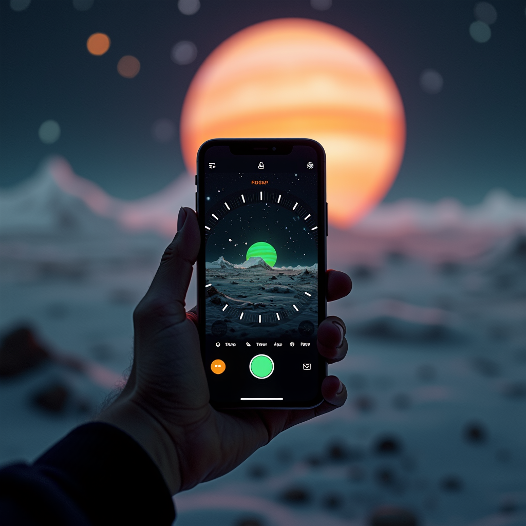 A person holding a smartphone capturing a surreal landscape with planets in the night sky.