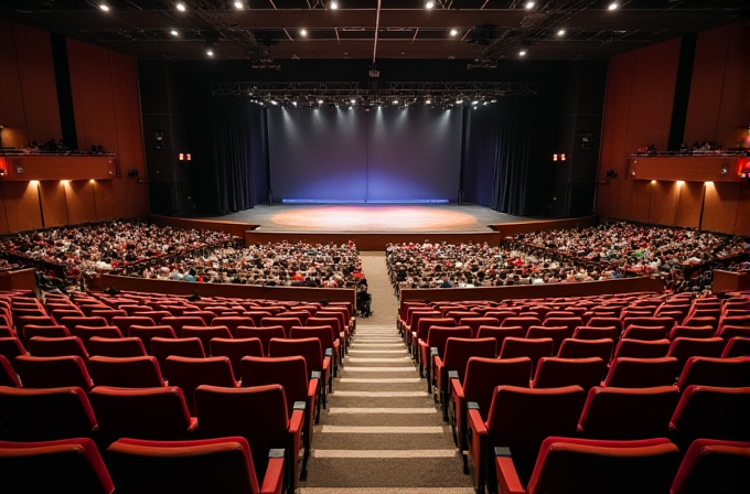 A well-lit theater auditorium filled with eager attendees, all eyes focused on the stage.