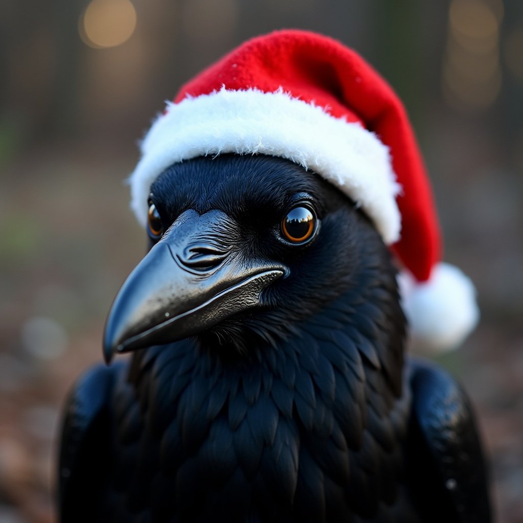 Raven wearing Santa hat looking friendly