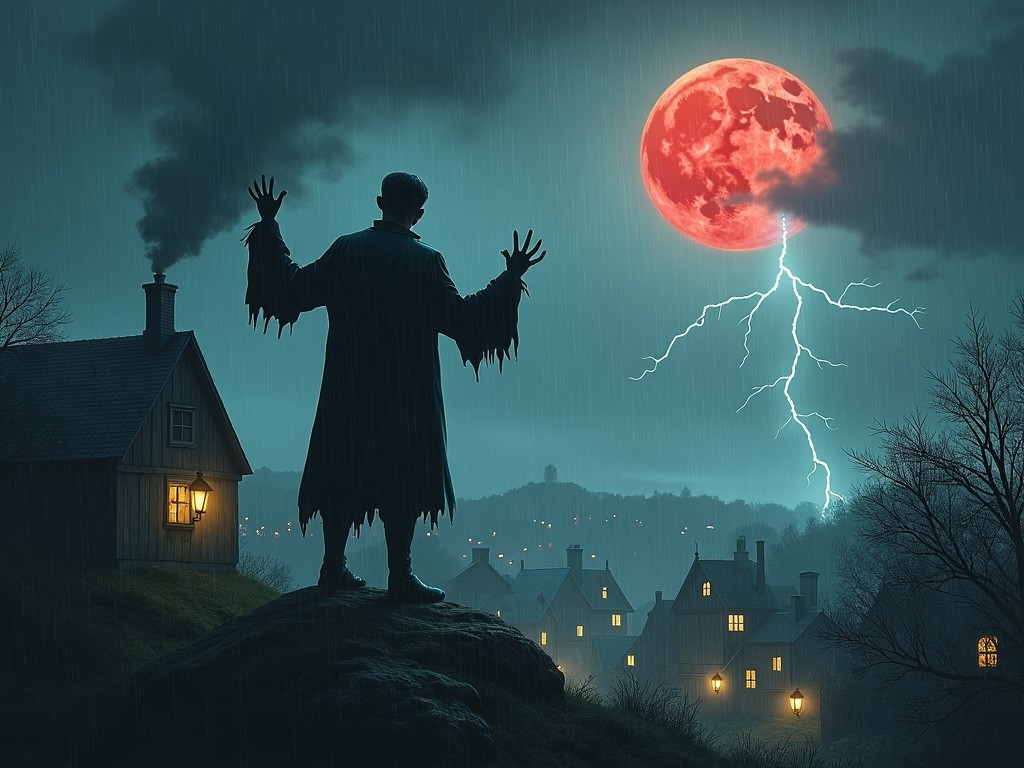 Mysterious silhouette of a man with arms raised towards a red moon in a spooky village at night, dramatic lighting and lightning strike, gothic horror style