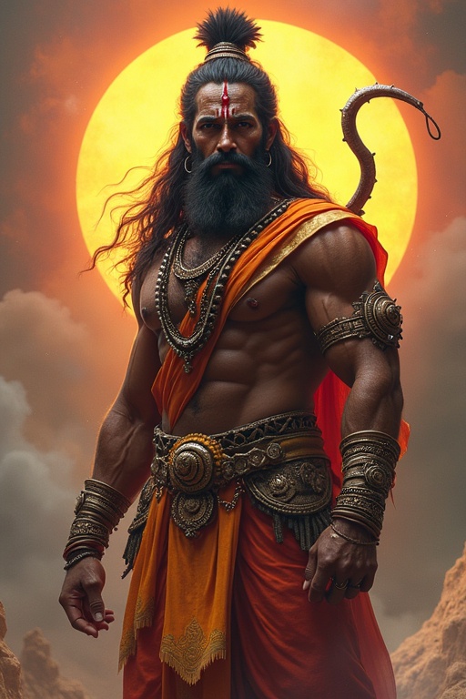 An impressive portrayal of Hanuman with a muscular physique wearing an orange robe and adorned with ornate jewelry. The background features a large, radiant sun, casting a powerful and majestic aura around Hanuman. A strong pose reflects strength and valor.