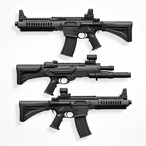 Image features futuristic weapon design combining elements from various firearms. Shows sharp edges and defined shapes, emphasizing tactical applications. Gun merges features of IWI Carmel, FN F2000, and Desert Tech WLVRN with cyberpunk influences. Black and gray color scheme offers sleek modern appearance. Two-dimensional view highlights ergonomic design and military quality, appealing to collectors and enthusiasts.