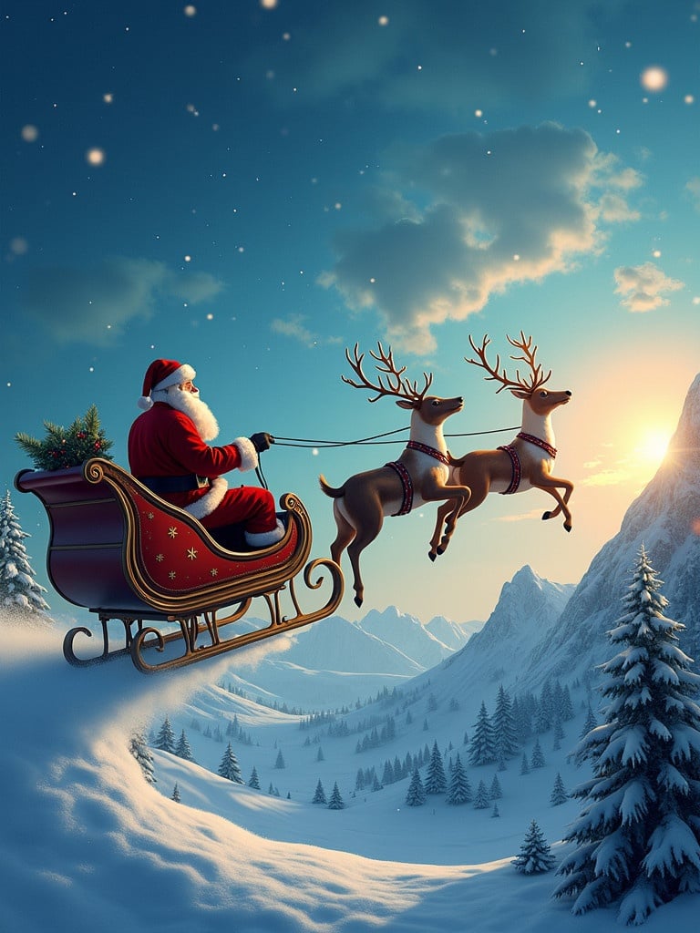 Santa in a red sleigh flying through a snowy sky with two reindeer. Beautiful mountain landscape covered in snow. Bright sun setting in the background. Joyful and festive scene.