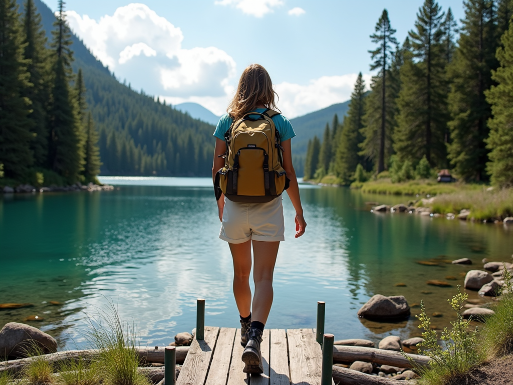 A person with a backpack walks on a wooden dock towards a serene lake surrounded by lush trees.