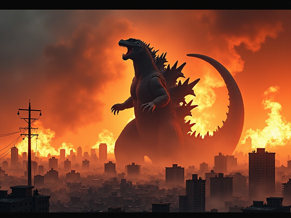 This image is an intense sci-fi poster featuring Godzilla in a post-apocalyptic setting. The city is overwhelmed by fires and smoke, emphasizing destruction and chaos. Godzilla stands prominently, roaring amidst the flames, showcasing its massive size. The lighting casts a dramatic, fiery glow that enhances the feeling of despair. The overall atmosphere conveys a sense of doom, perfect for a thrilling movie franchise.