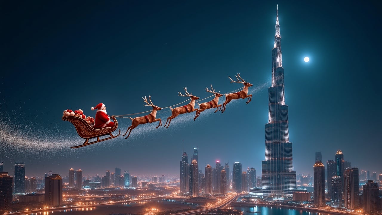 Magical atmosphere shot. Burj Khalifa in Dubai. Santa flies on his sleigh leaving a trail of sparkles. Sparkles transform into BIM models of city's landmarks. Shot on Arriflex Alexa. Ultrarealistic.