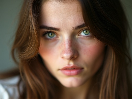 Pretty young woman with striking green eyes and brown hair. Soft lighting highlights natural beauty. Portrait style.