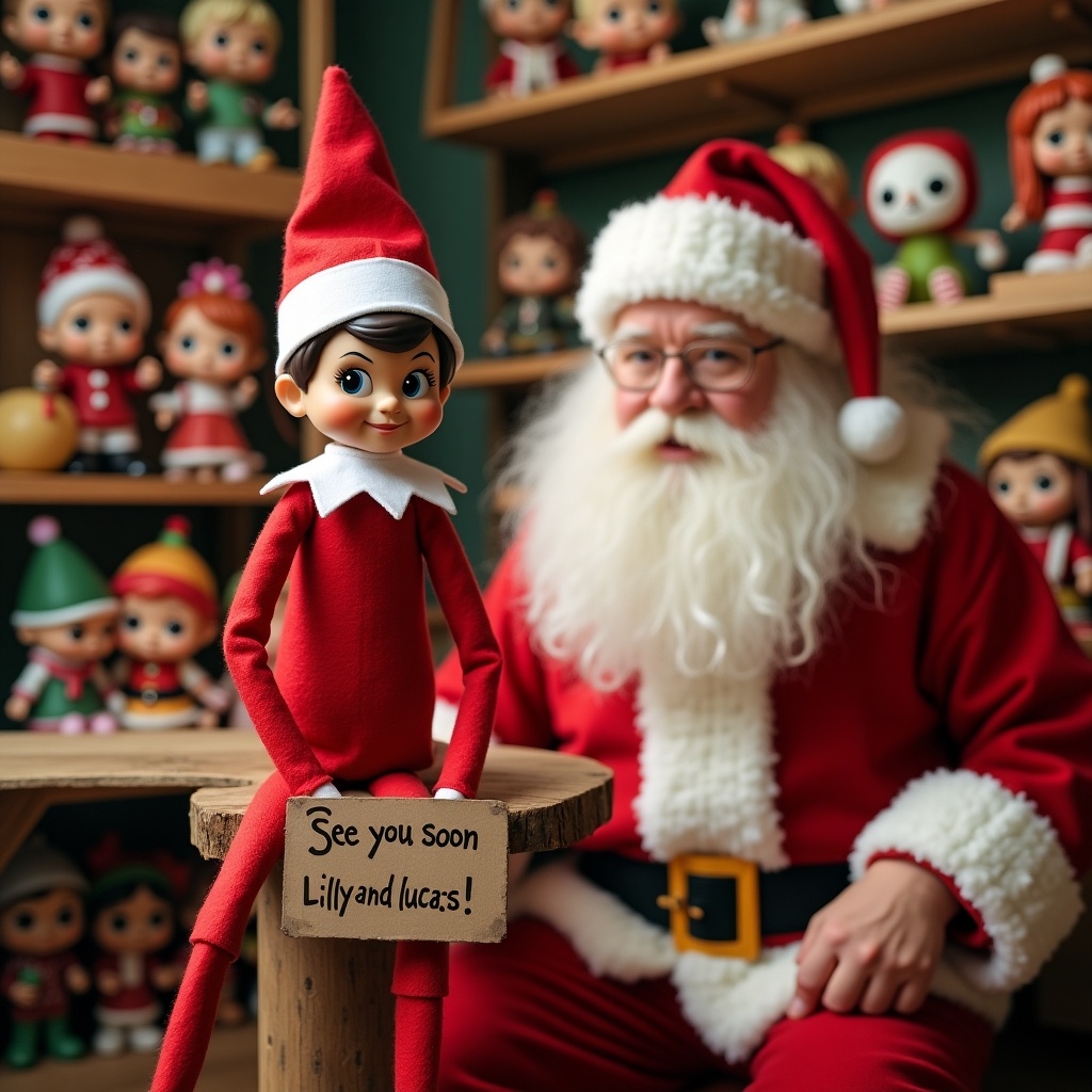 Elf on the shelf dressed in red with a sign that says ‘See you soon Lilly and lucas!’ Next to Santa Claus in a cheerful toy workshop with various Funko Pops displayed.