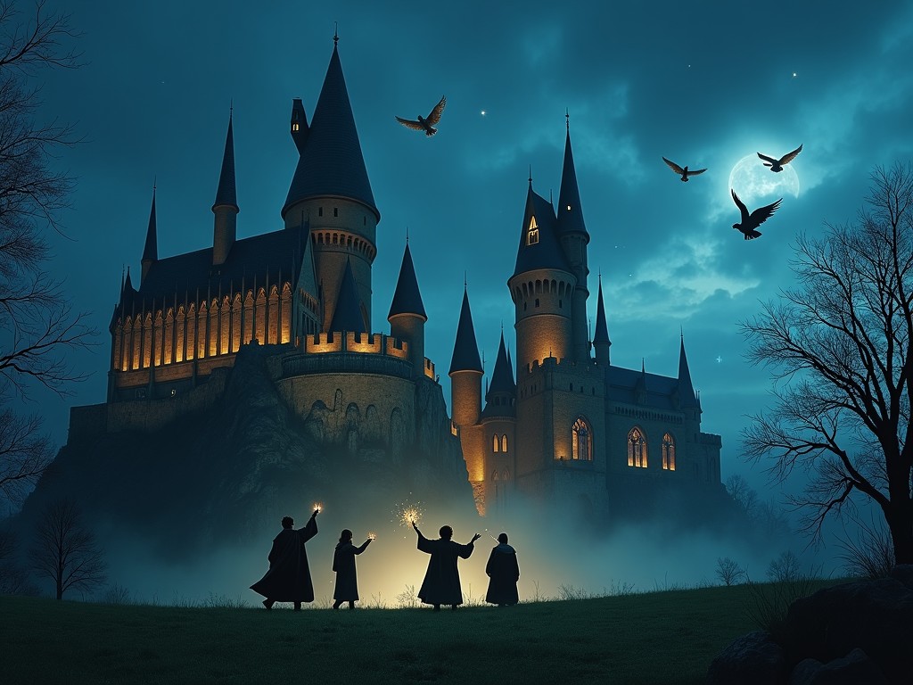 The image depicts a majestic, gothic-style castle set on a rocky hill. Illuminated towers protrude into a dark, moody sky, where the moonlight glistens. In the foreground, four cloaked figures wielding wands create magical sparks. Surrounding them are silhouettes of birds in flight, adding to the enchanted ambiance. The overall scene invokes a sense of mystery and fantasy, as if inviting viewers into a magical world.