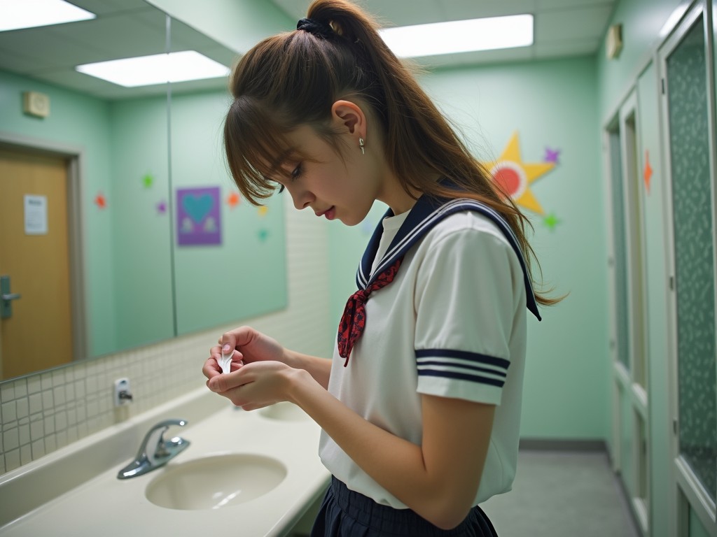 A young woman in a sailor-style school uniform is seen standing in a pastel-colored bathroom. She appears to be deep in thought, examining a small object in her hands. The room's decor includes a mirror and colorful wall decals, adding a playful and youthful vibe to the scene.