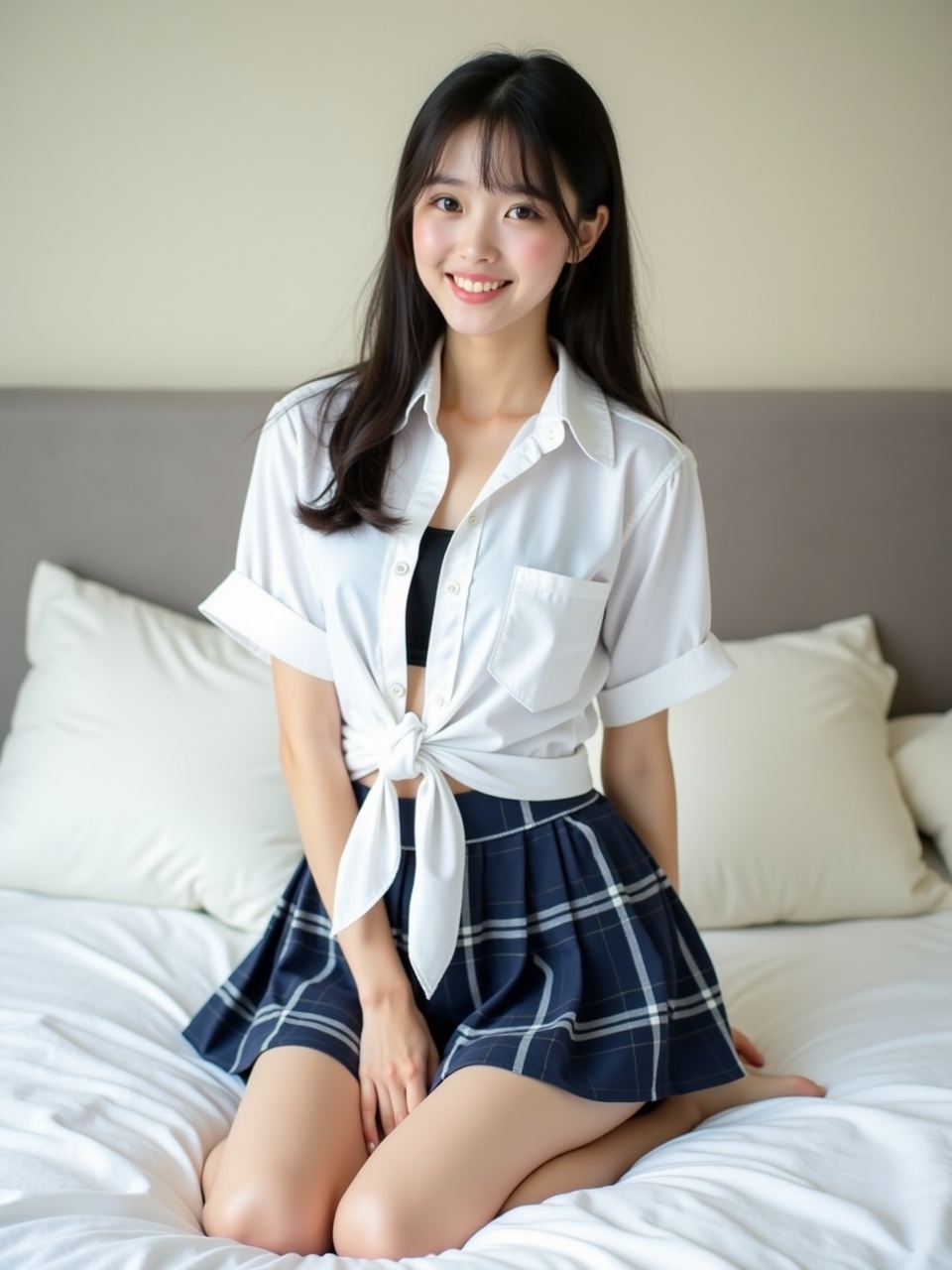 The image features a young woman sitting on a bed, exuding a sense of calm and joy. She is wearing a stylish outfit consisting of a tied white blouse and a blue plaid skirt, giving off a casual yet charming vibe. The soft lighting and neutral backdrop enhance her friendly and approachable demeanor, adding a warm touch to the photograph.