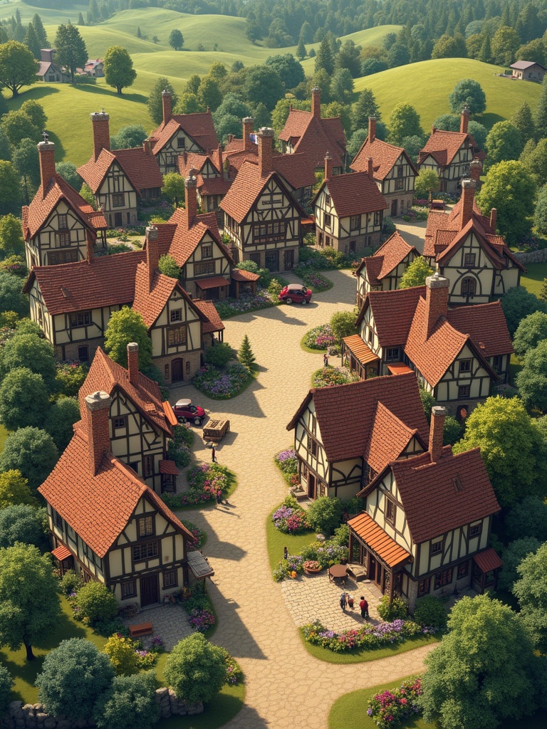 Isometric view of a picturesque medieval town. Town center has charming two-story half-timbered houses. Ground floors feature artisan shops and craft businesses. Surrounding buildings include blacksmith and carpenter workshops. Town fringes are farms amid lush fields. It's spring, with vibrant flowers enhancing the scenery. Town merges with natural environment of meadows and forests.