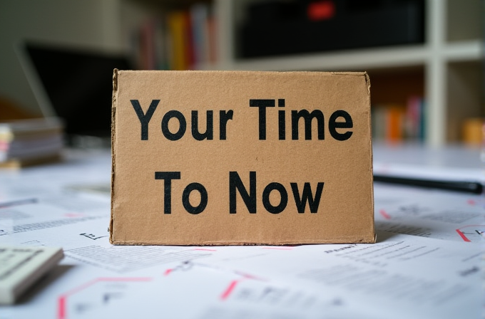 A cardboard sign with the message "Your Time To Now" sits on a cluttered desk covered with papers.