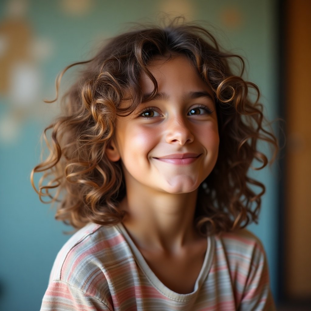 A young person with stylish wavy hair sitting casually. The child has a gentle expression resembling a cute smile. There is a soft blue backdrop. The lighting is warm and cheerful. Emphasis is on hair style and overall youthfulness.