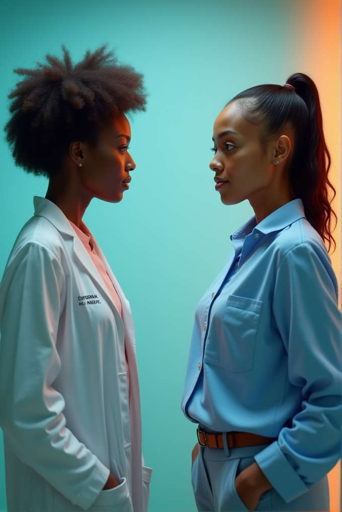 Two women standing face to face, one in a lab coat and the other in a blue shirt, against a gradient background.