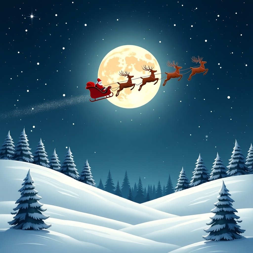 Santa Claus drives a red sleigh pulled by reindeer across a starry night sky. Full moon shines bright above snow-covered hills and Christmas trees. Magic dust trails behind as they fly.