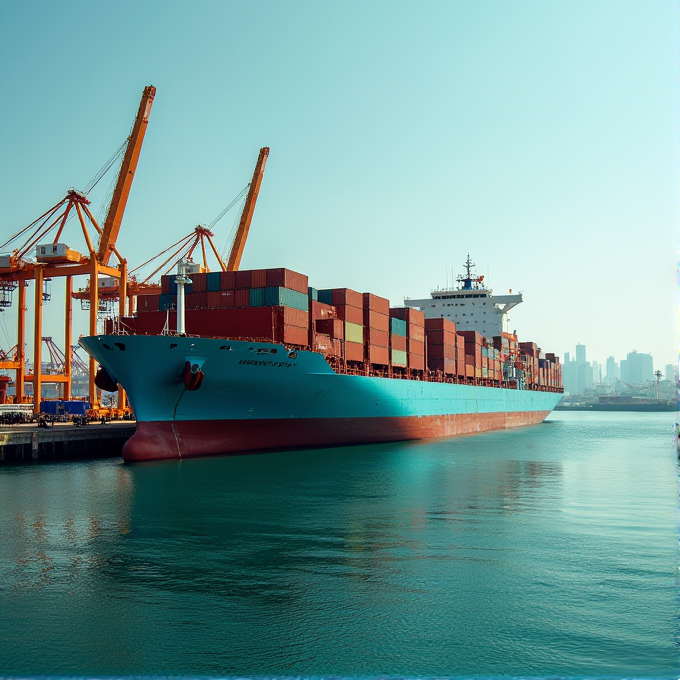 A large cargo ship with stacked containers is docked near orange cranes in a harbor.