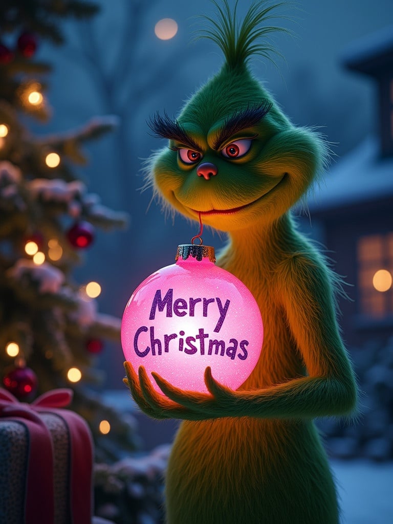 A serene night garden with the Grinch holding a glowing pink Christmas bauble. Bauble features Merry Christmas in purple glitter. Twinkling Christmas lights create magical ambiance.