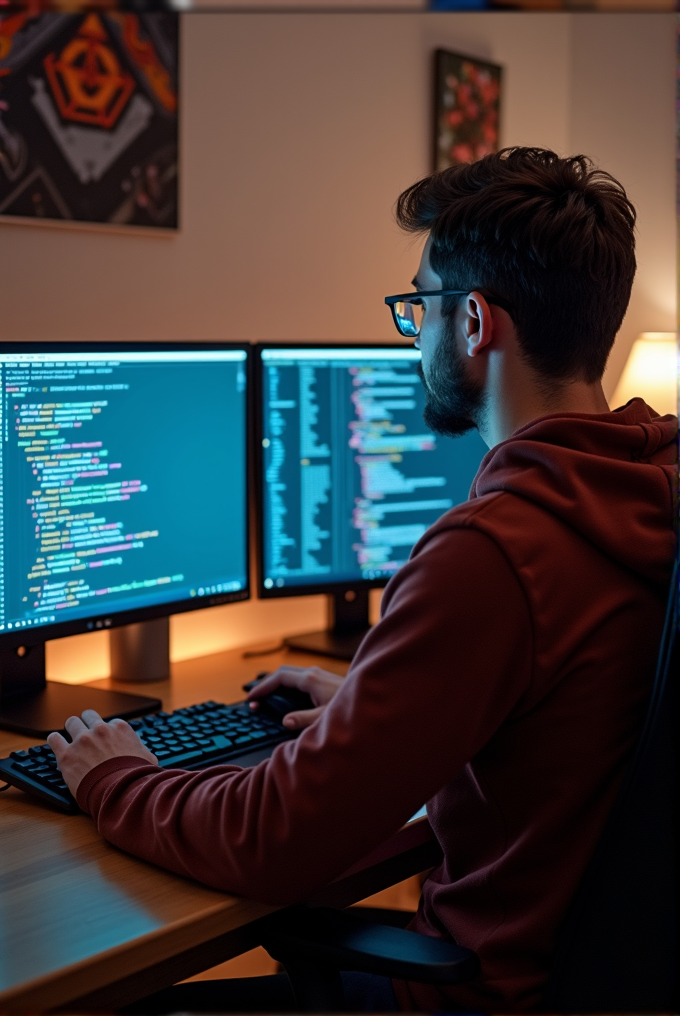 A person in glasses is coding on a dual-monitor setup in a dimly lit room.