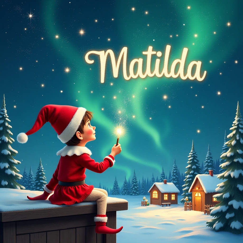 An elf sits on a wooden ledge, gazing up at a magical, starry sky. Dressed in a festive red outfit and a pointed hat, the elf holds a sparkling wand aloft. With the wand, the elf magically writes the name 'Matilda' among the stars. The scene is set against a beautiful snowy landscape dotted with charming houses and evergreen trees illuminated under shimmering Northern Lights. This enchanting depiction captures the spirit of childhood wonder and Christmas joy. The elf continues to add the names 'Natasha' and 'Ada' in the sky, enhancing the magical atmosphere above.