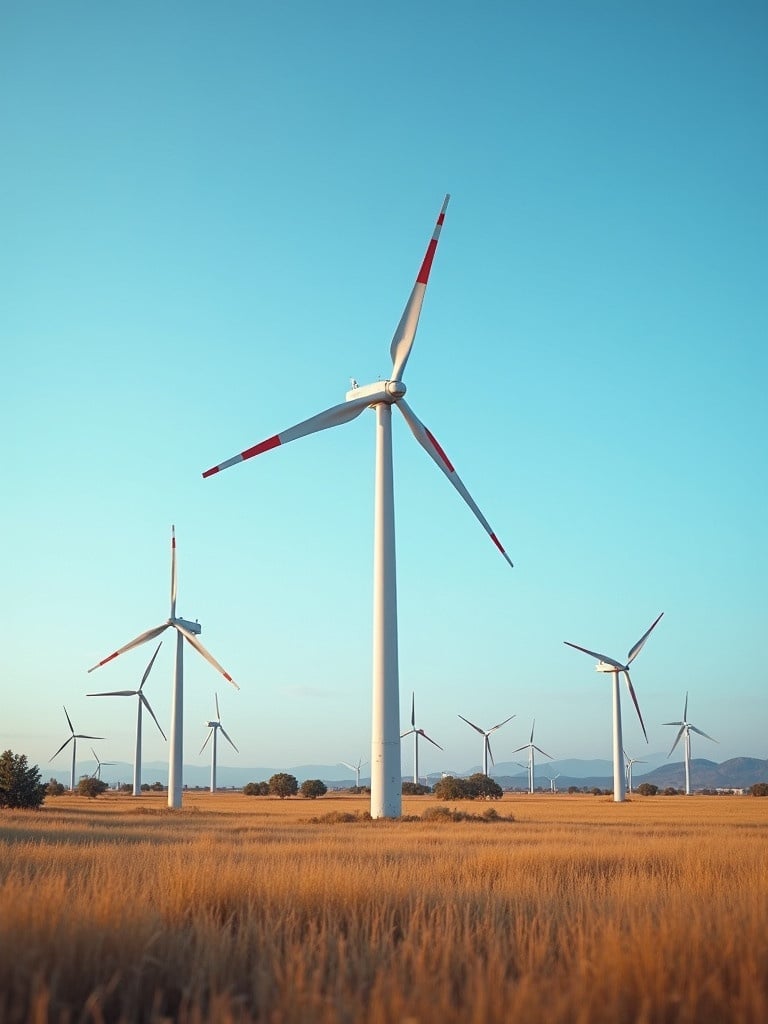 Windmills in a field under a blue sky. Clean energy sources represented by tall, white wind turbines. Photographed with a Canon 35mm lens. Mountain valley in the background meets a field of wheat. Composition showcases renewable energy's connection to nature.