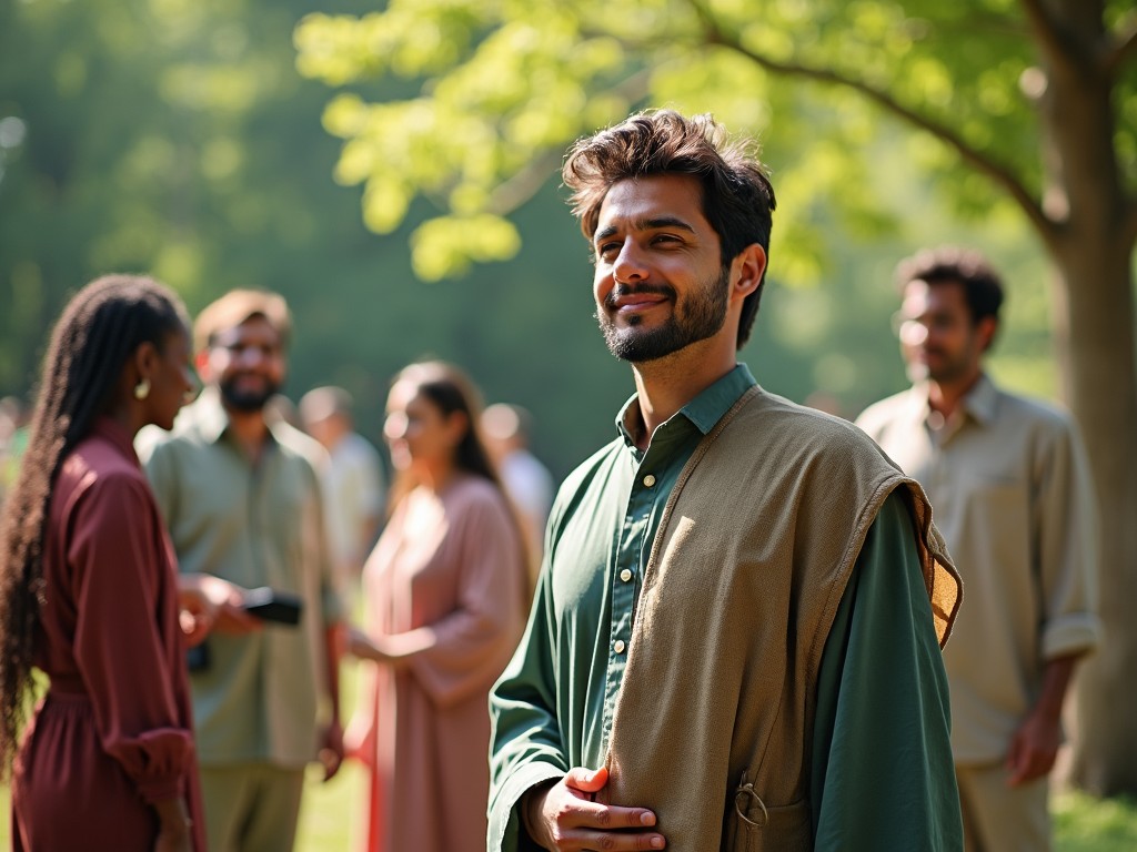 A group of people gather in a sunlit park, showcasing a blend of traditional and modern clothing. The main focus is a man wearing traditional Muslim attire, with a slight smile on his face, embodying a sense of pride. Surrounding him are individuals in diverse outfits, engaging in conversation and laughter. The serene environment is filled with greenery, creating a peaceful backdrop. This image captures the essence of cultural unity and appreciation. It represents a moment of community bonding in a natural setting.