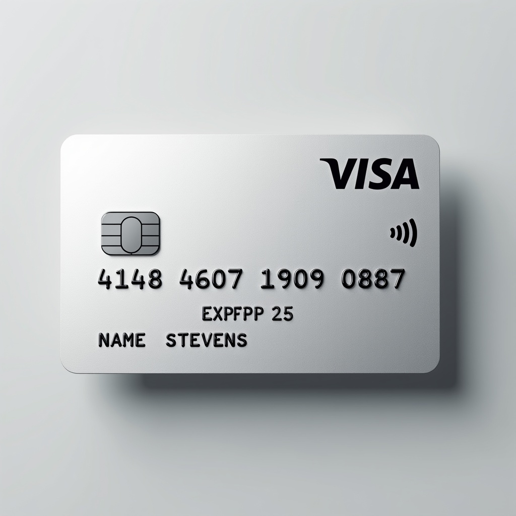 Realistic image of a credit card showing details. Visa logo prominently displayed. Card number is 4148460197090887. Name printed as Matthew Stevens. Expiry date of October 2026 at bottom. Modern and sleek design. Silver background with black font.