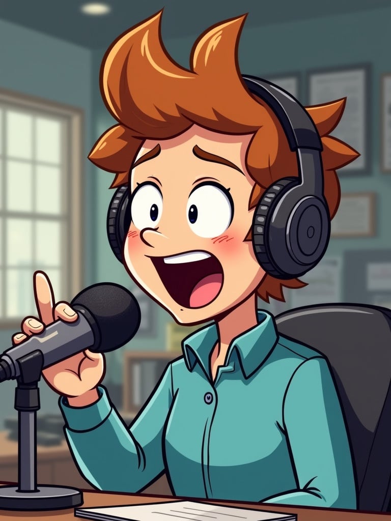 Cartoon character with headphones excitedly speaking into a microphone in a radio studio.